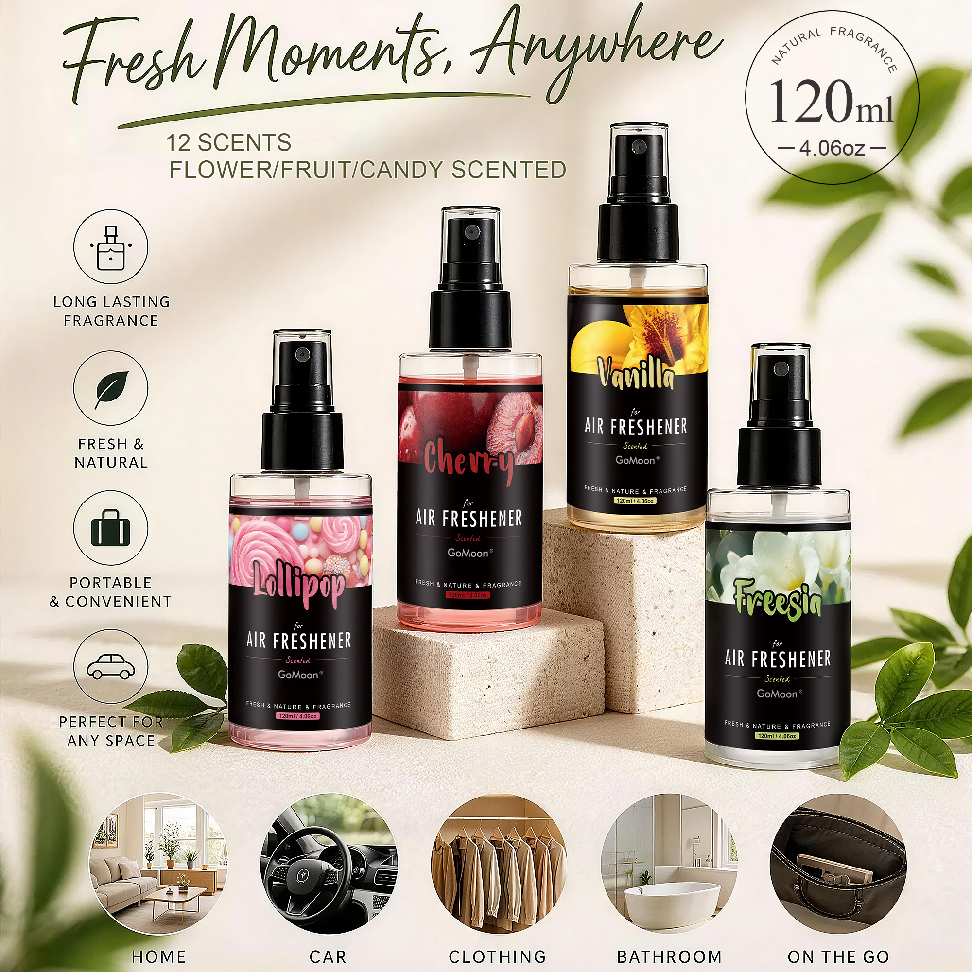 Home Fragrance Room Spray - flower/fruit/candy scent car fragrance spray, 120ml/4.06oz